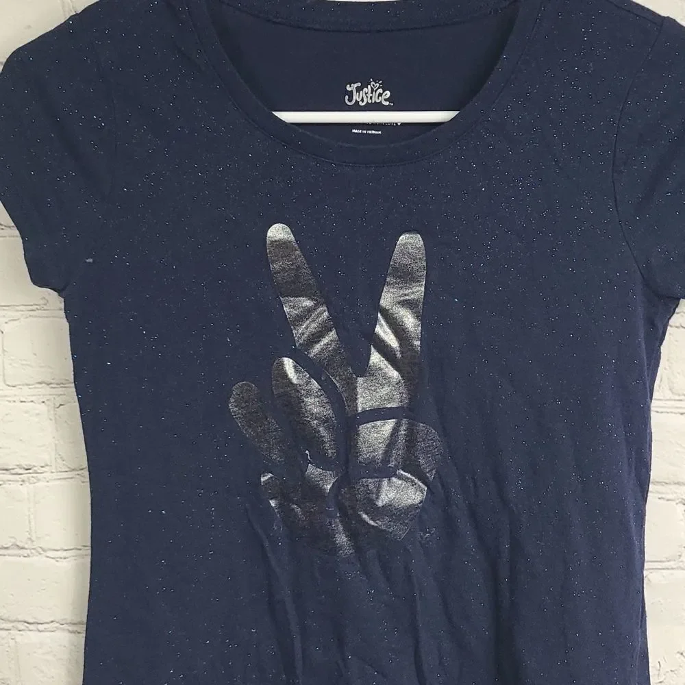 Justice Girls Navy Blue Glitter Tee Peace Sign Short Sleeve Fitted Knit T-Shirt